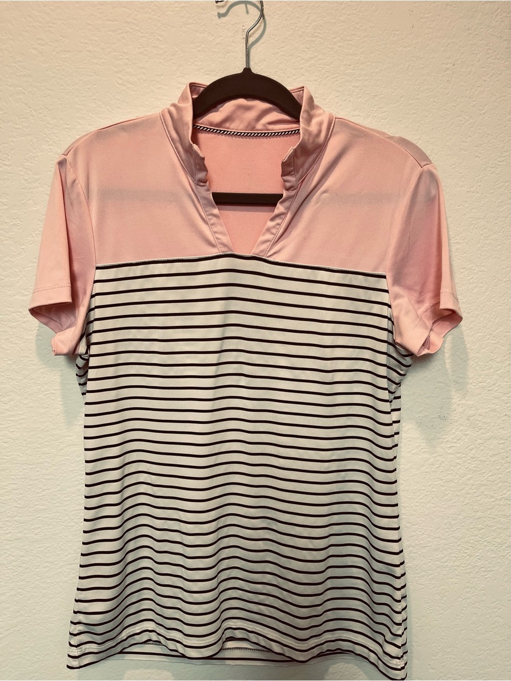 Pink & White Striped Short Sleeve V-Notch Top by Tail